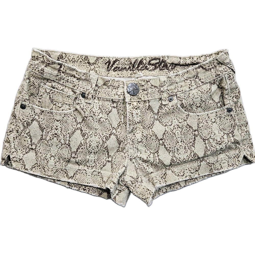 Vtg Y2K Vanilla Star Jean Shorts Womens 11 Beige Snakeskin Print Low Rise 30x2